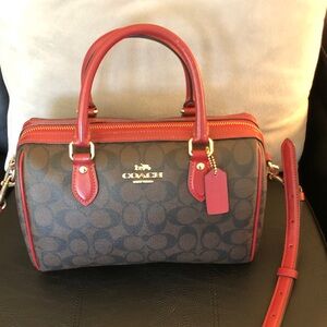Coach Brown Signature Satchel with Red Trim and Handles
